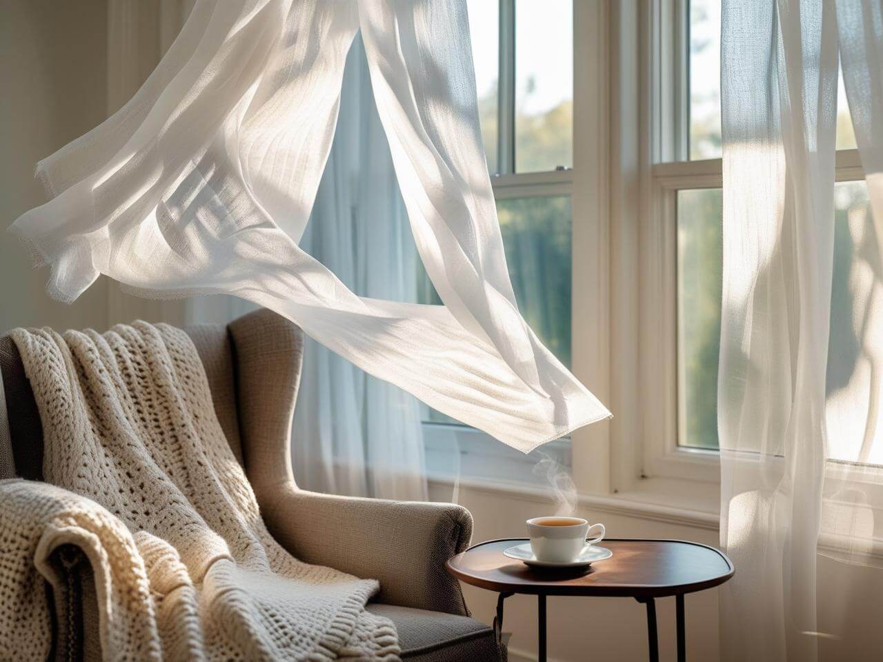Cozy reading nook with sheer curtains