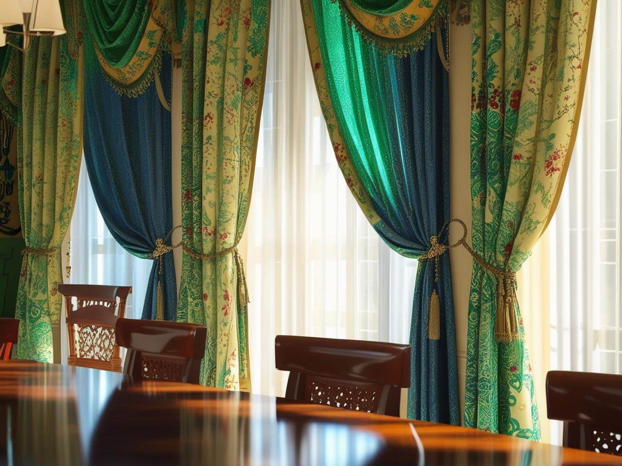 Dining area with patterned curtains