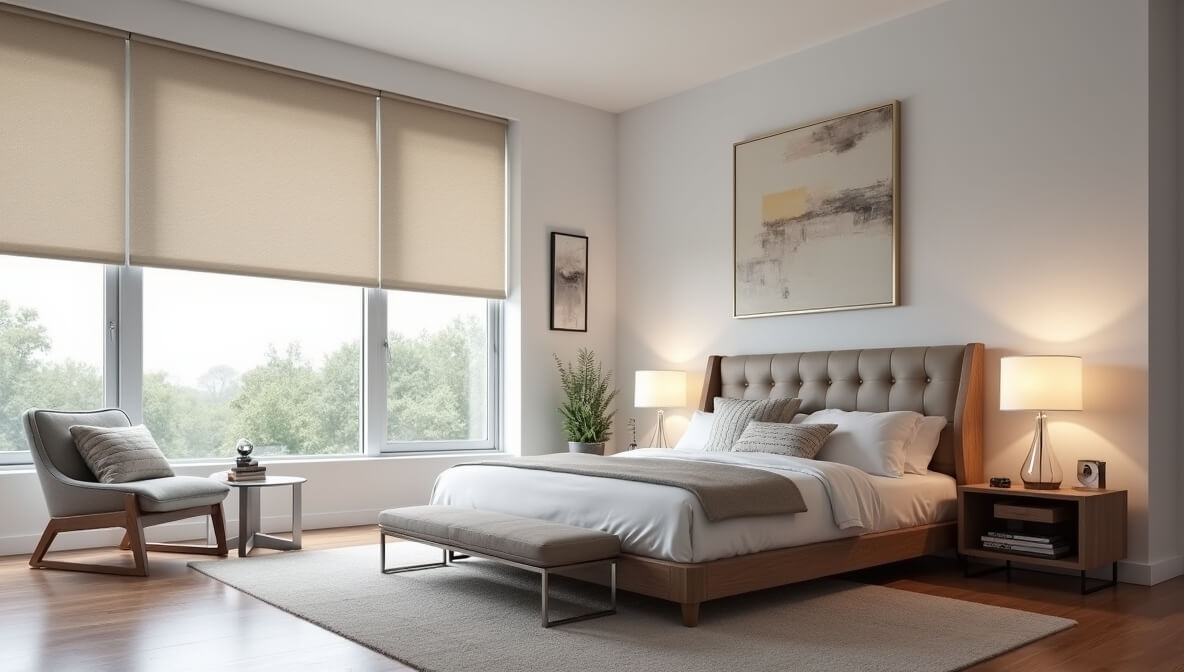 Modern bedroom with custom blinds