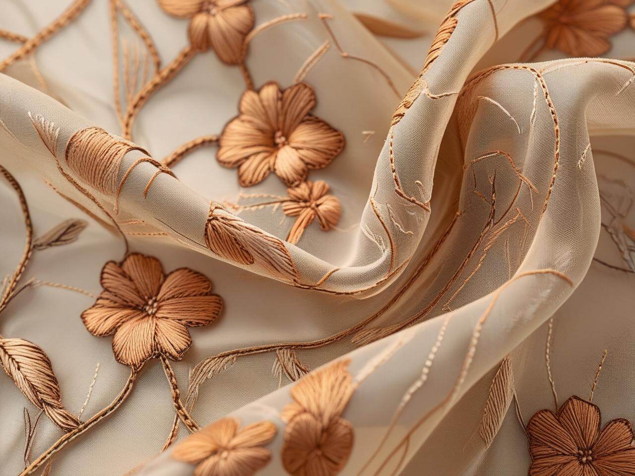 Beige Sheer Curtain with Embroidery